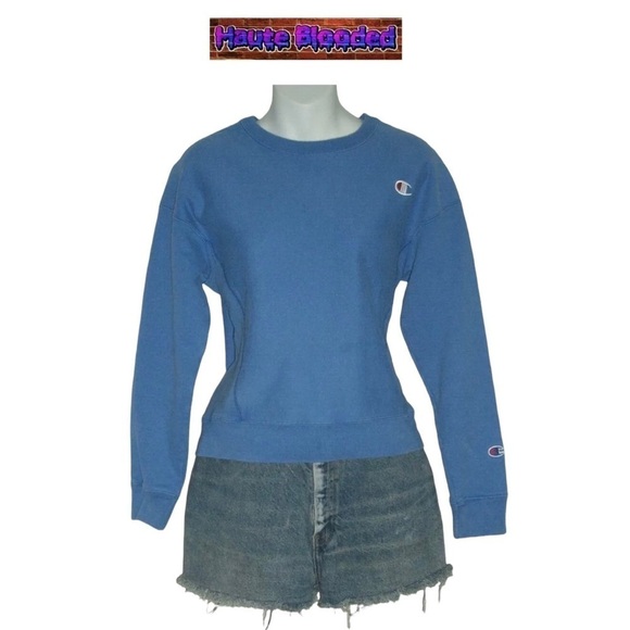 Vintage 90's Champion Reverse Weave Blue Sweatshirt Distressed Streetwear Sporty - Picture 1 of 11